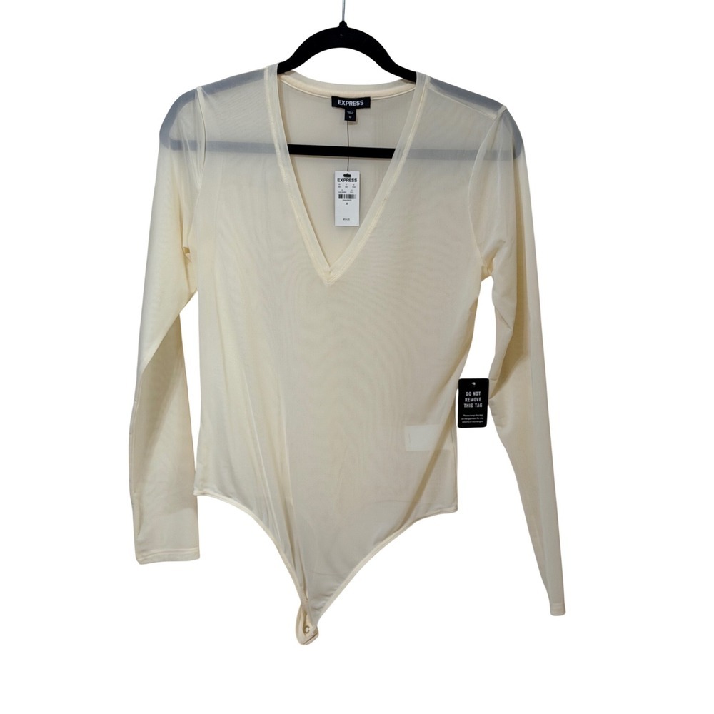 Express Womens Ivory Sheer Mesh V-Neck Long Sleeve Bodysuit Size M New